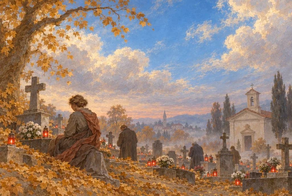 Gemalte Lichter auf einem Friedhof am Abend
