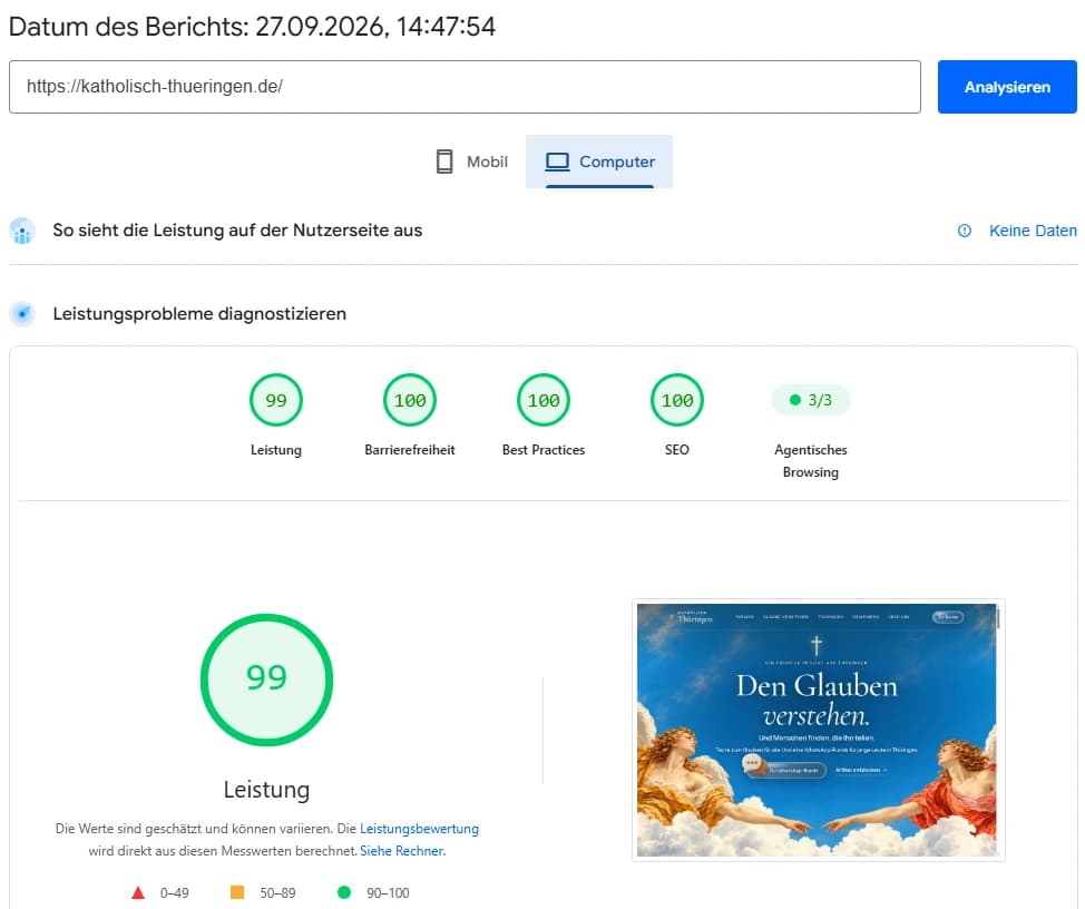 PageSpeed-Bericht vom 27. September 2026 für Computer: Leistung 99, weitere drei Kategorien 100