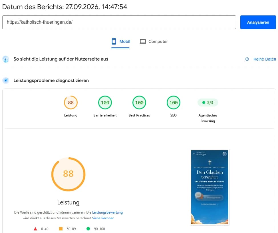 PageSpeed-Bericht vom 27. September 2026 für Mobilgeräte: Leistung 88, weitere drei Kategorien 100