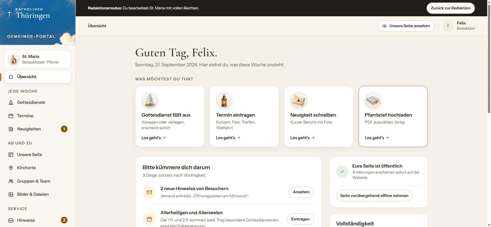 Gemeinde-Portal der Beispielgemeinde St. Maria mit vier häufigen Aufgaben und einer Liste offener Hinweise