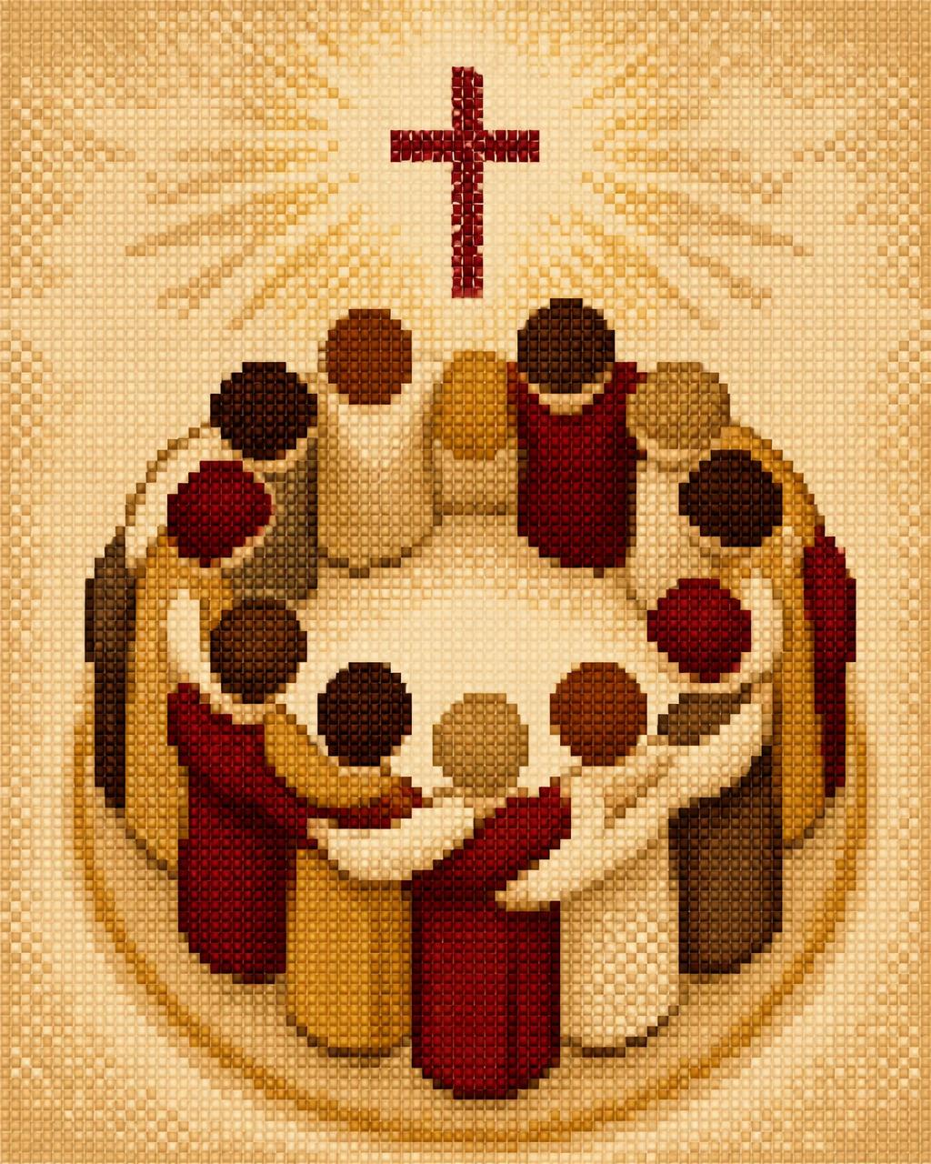 Pixelmosaik: Menschen im Kreis unter einem Kreuz