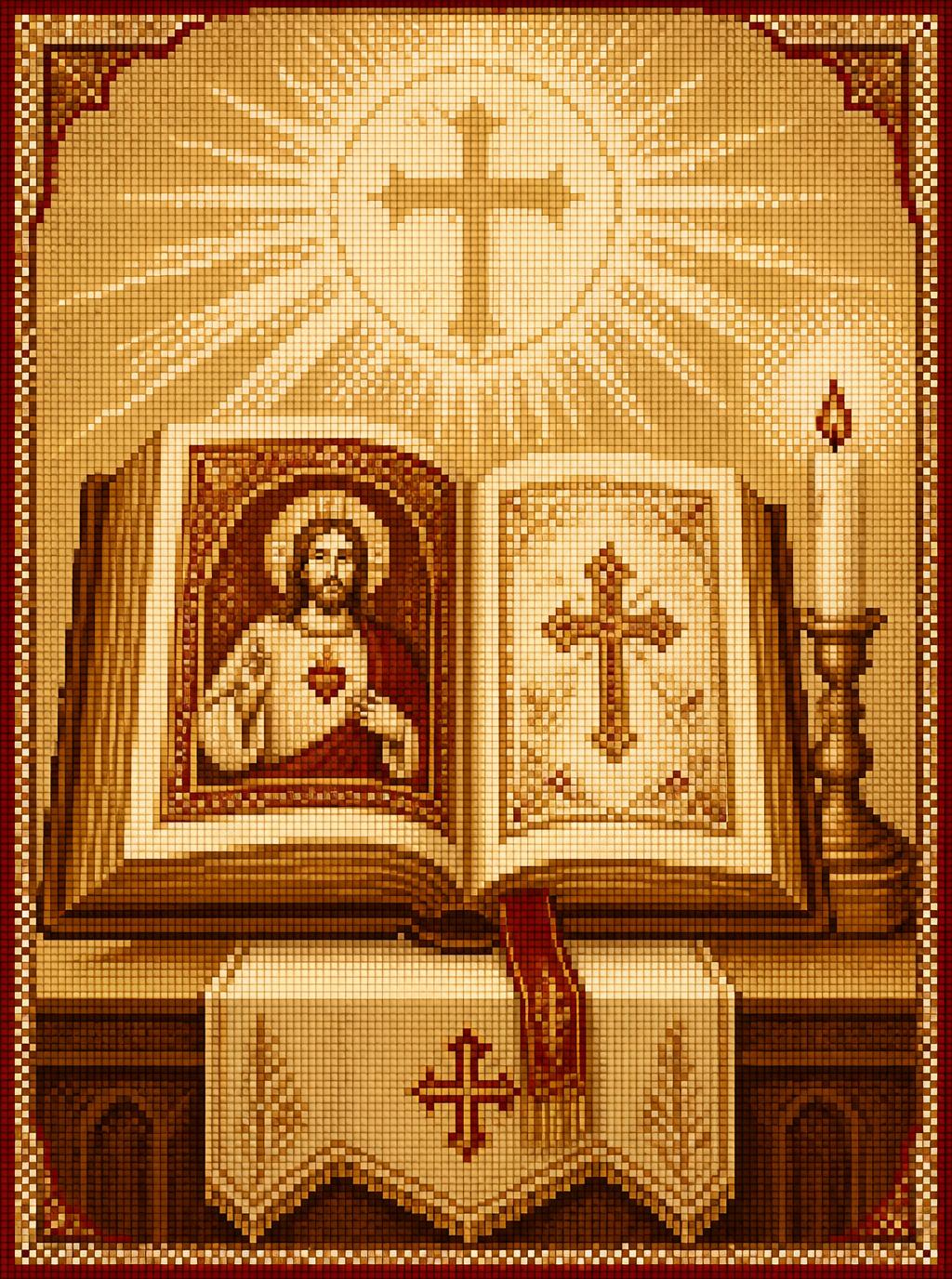 Pixelmosaik: aufgeschlagenes Buch mit Kerze und Kreuz