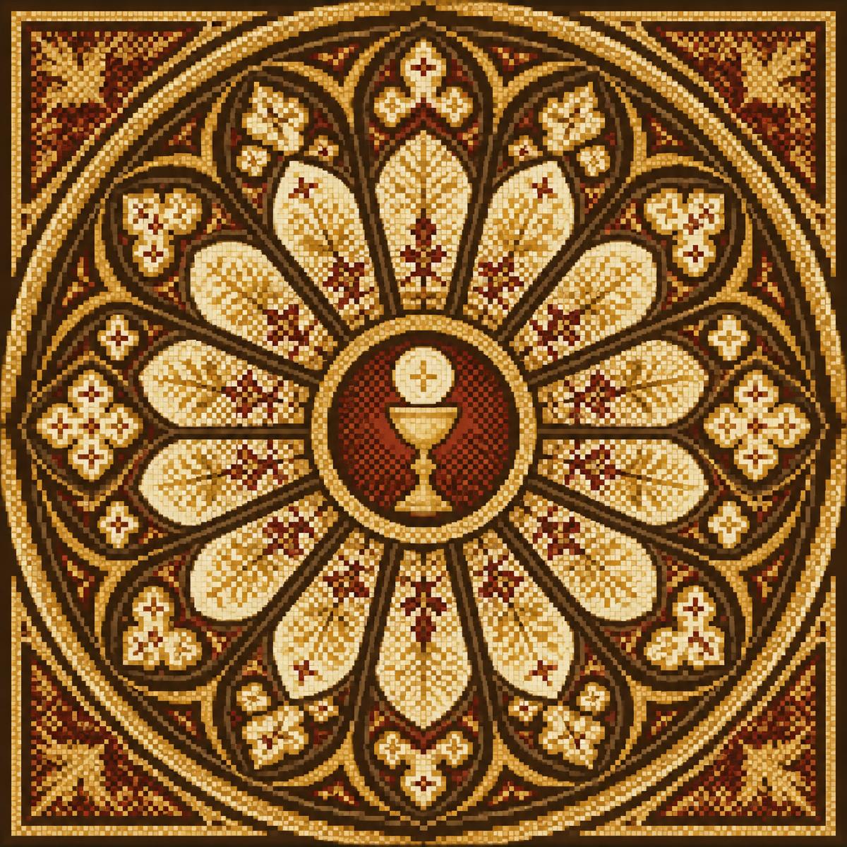 Pixelmosaik einer gotischen Fensterrose mit Kelch